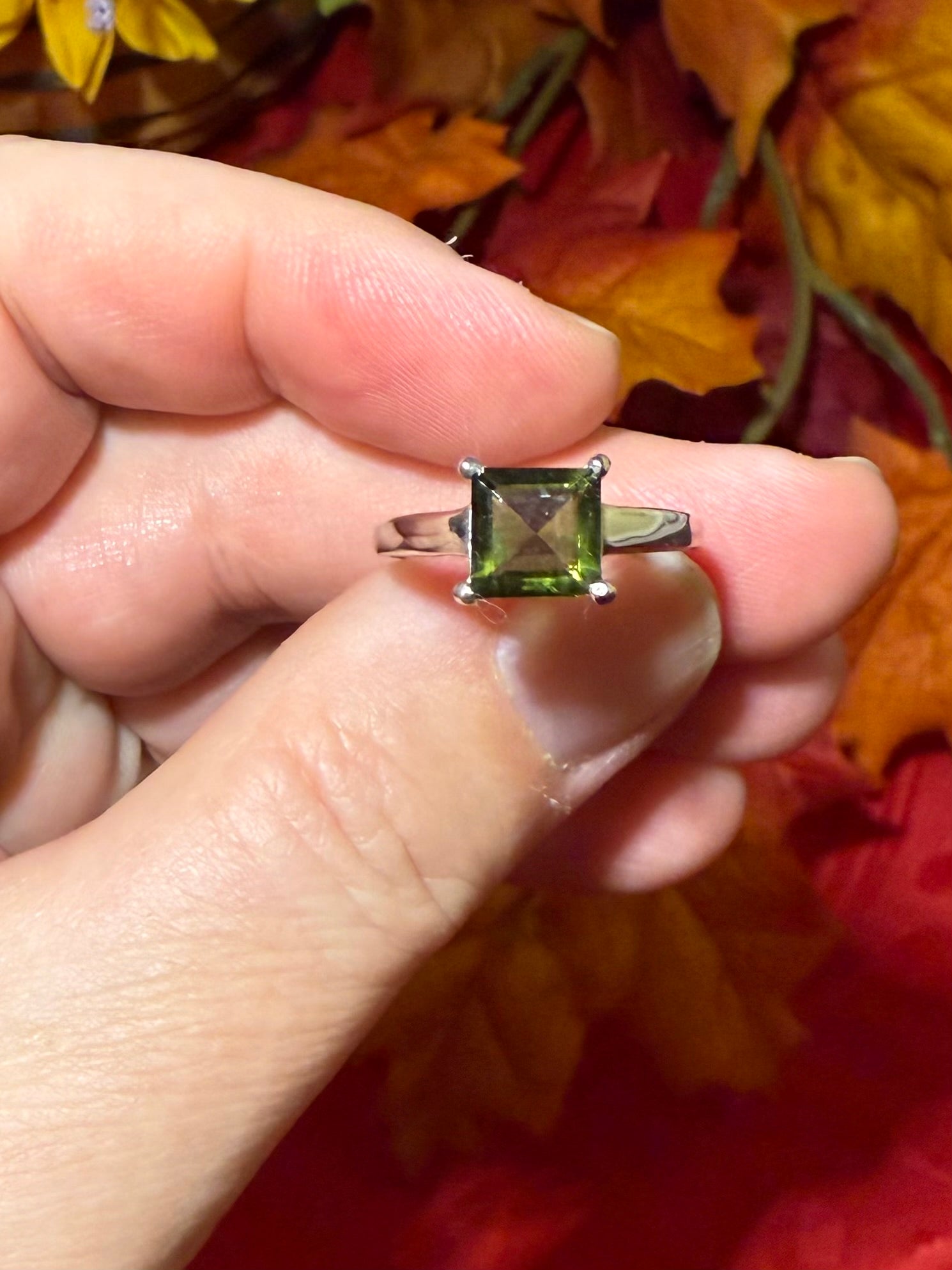 Faceted Genuine Moldavite Rhodium Over Sterling Silver Ring, size 8-1/4