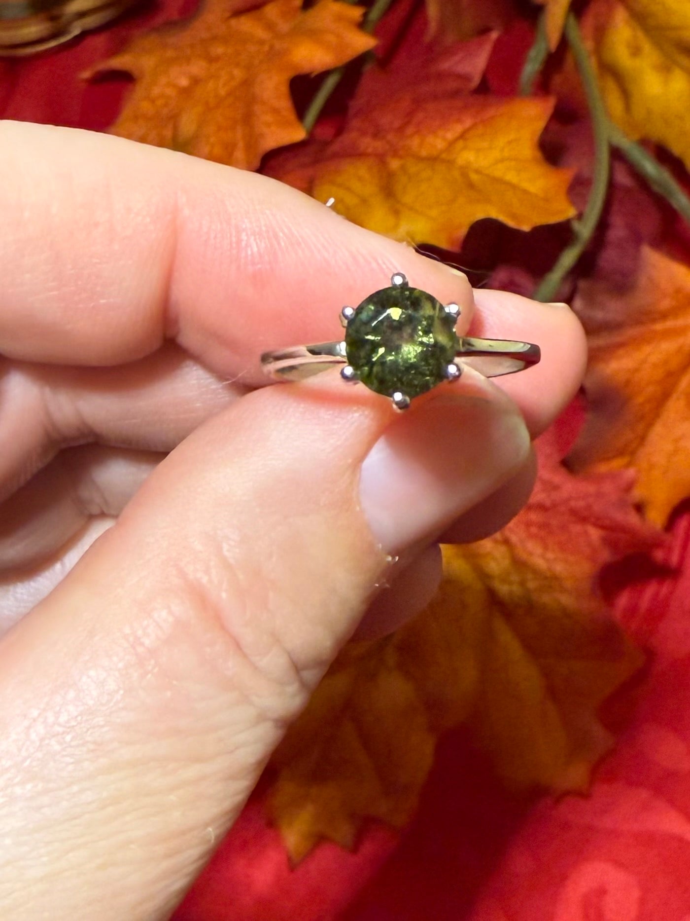 Faceted Genuine Moldavite Solitaire Rhodium Over Sterling Silver Ring, size 7-1/2