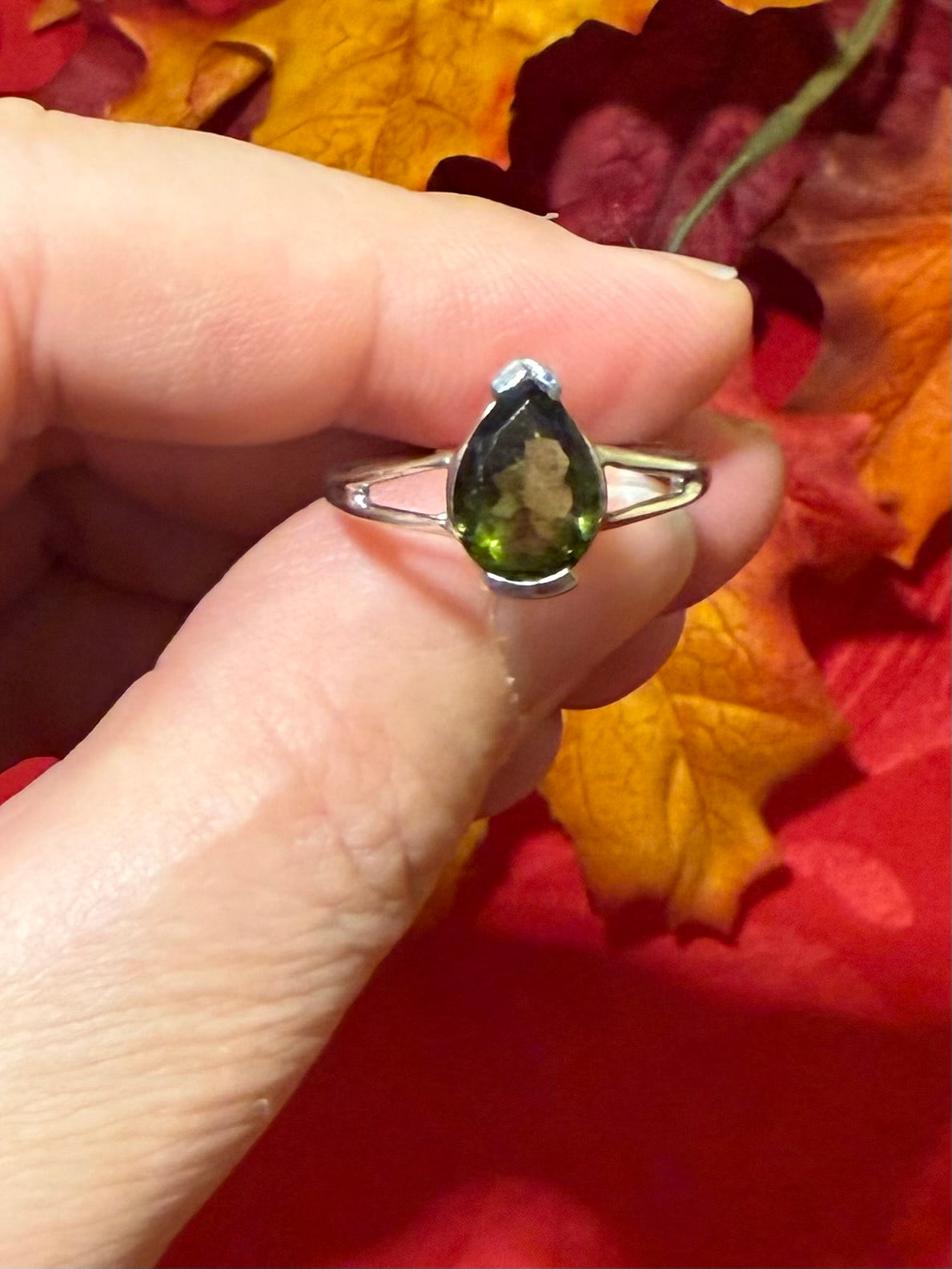 Faceted Genuine Moldavite Rhodium Over Sterling Silver Ring, size 9