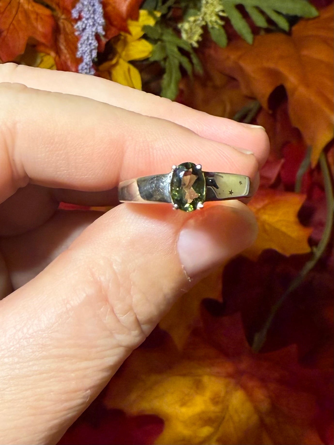 Faceted Genuine Moldavite Rhodium Over Sterling Silver Ring, size 8
