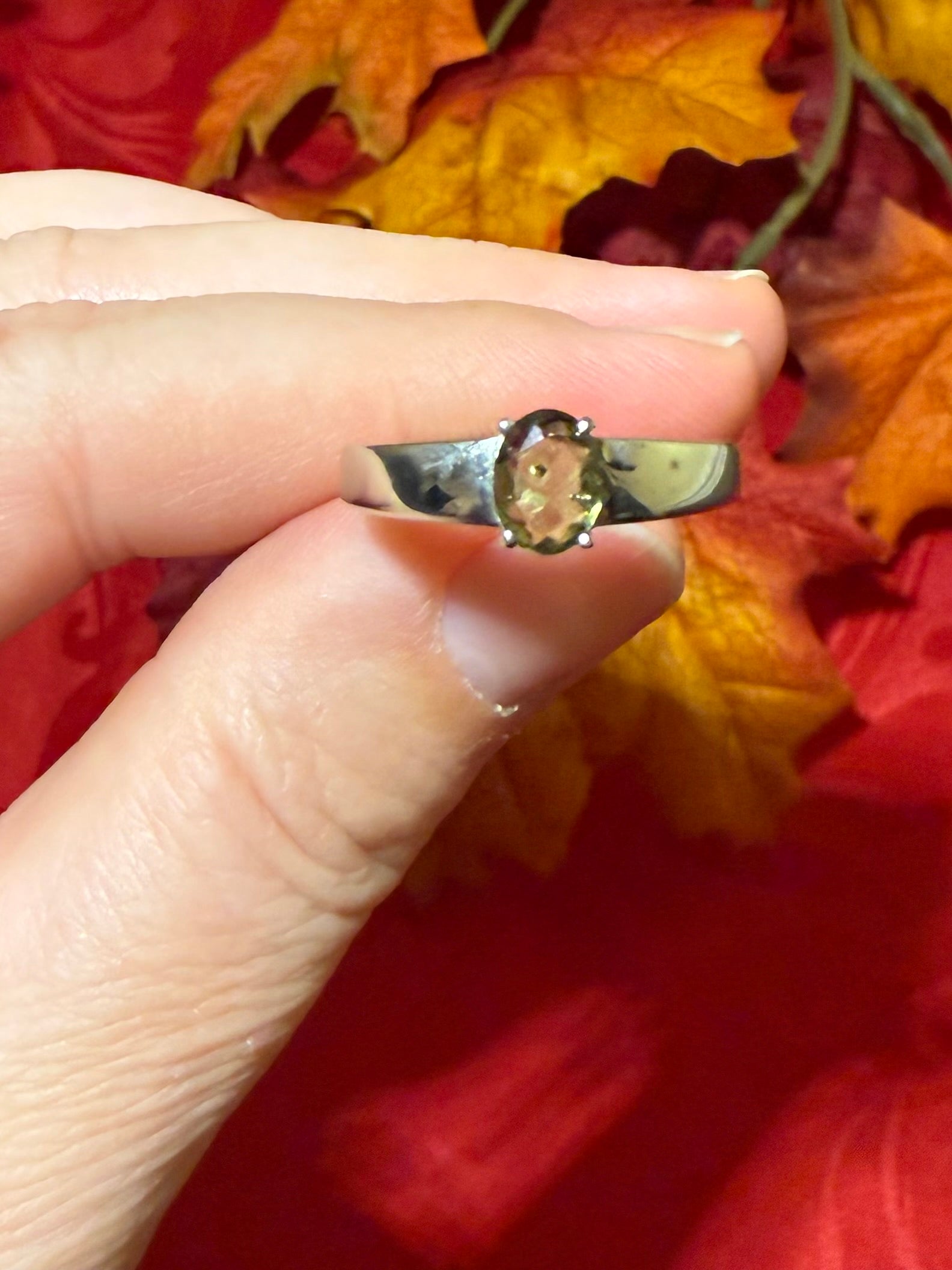 Faceted Genuine Moldavite Rhodium Over Sterling Silver Ring, size 9
