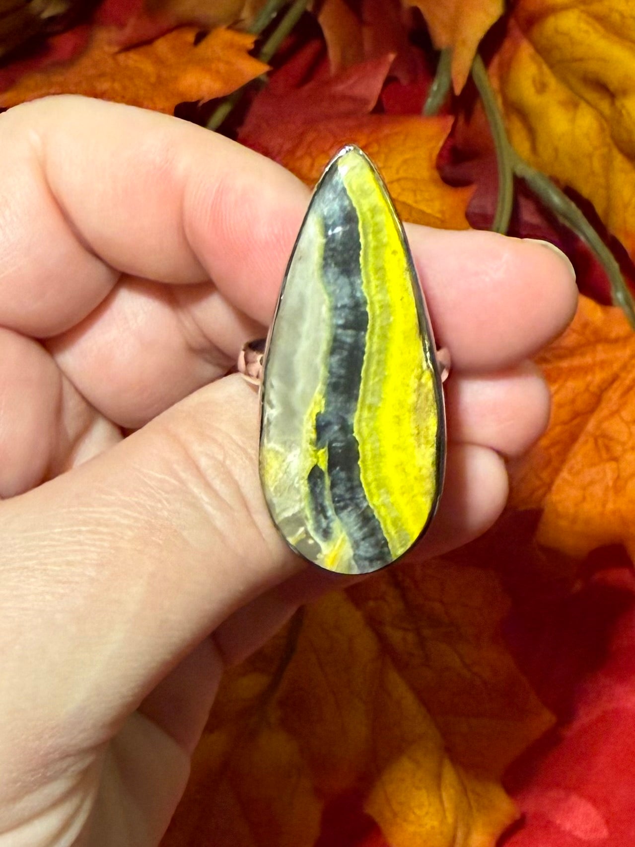 Large Bumblebee Jasper Sterling Silver Ring, size 10