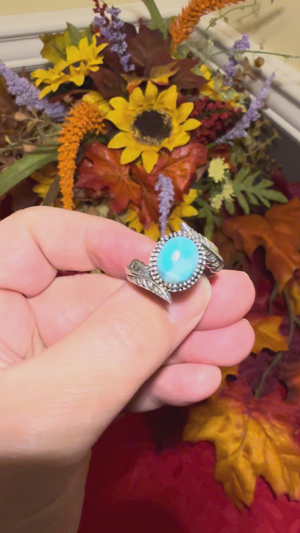 Larimar Feather Sterling Silver Ring, size 10-1/2