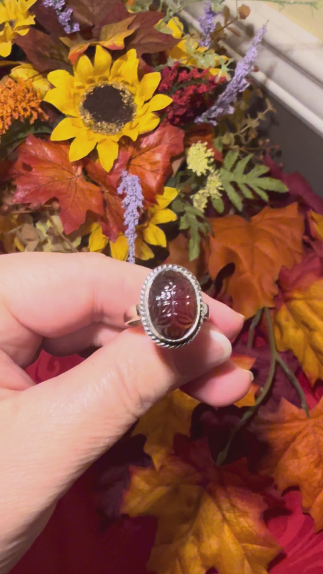 Carved Hessonite Garnet Sterling Silver Ring, size 9