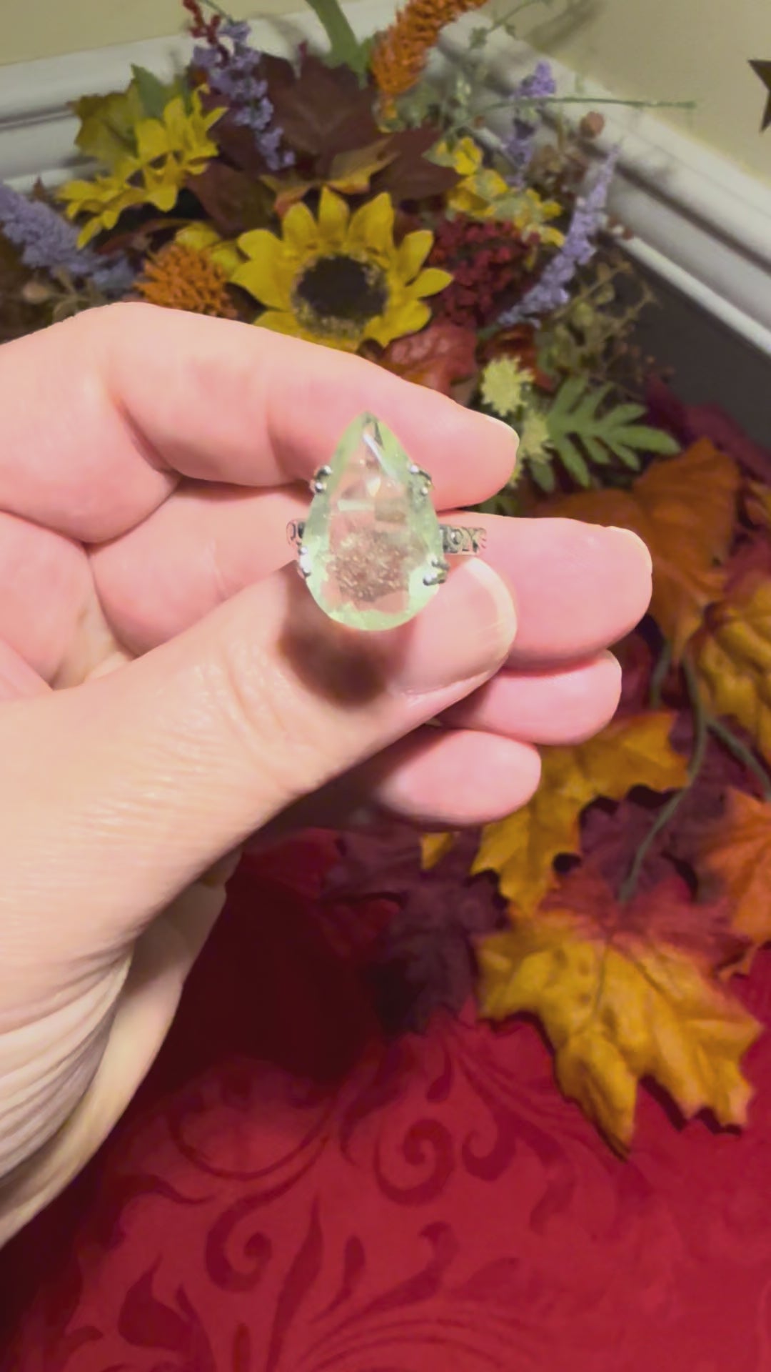 Faceted Libyan Desert Glass Sterling Silver Embossed Band Ring, size 6-1/4