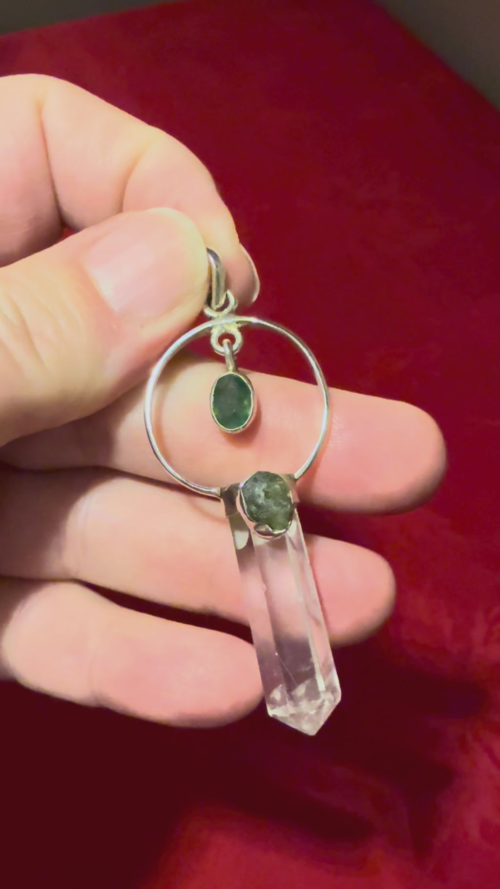 2.5” Moss Agate Rough Moldavite & Clear Quartz Point Sterling Silver Pendant
