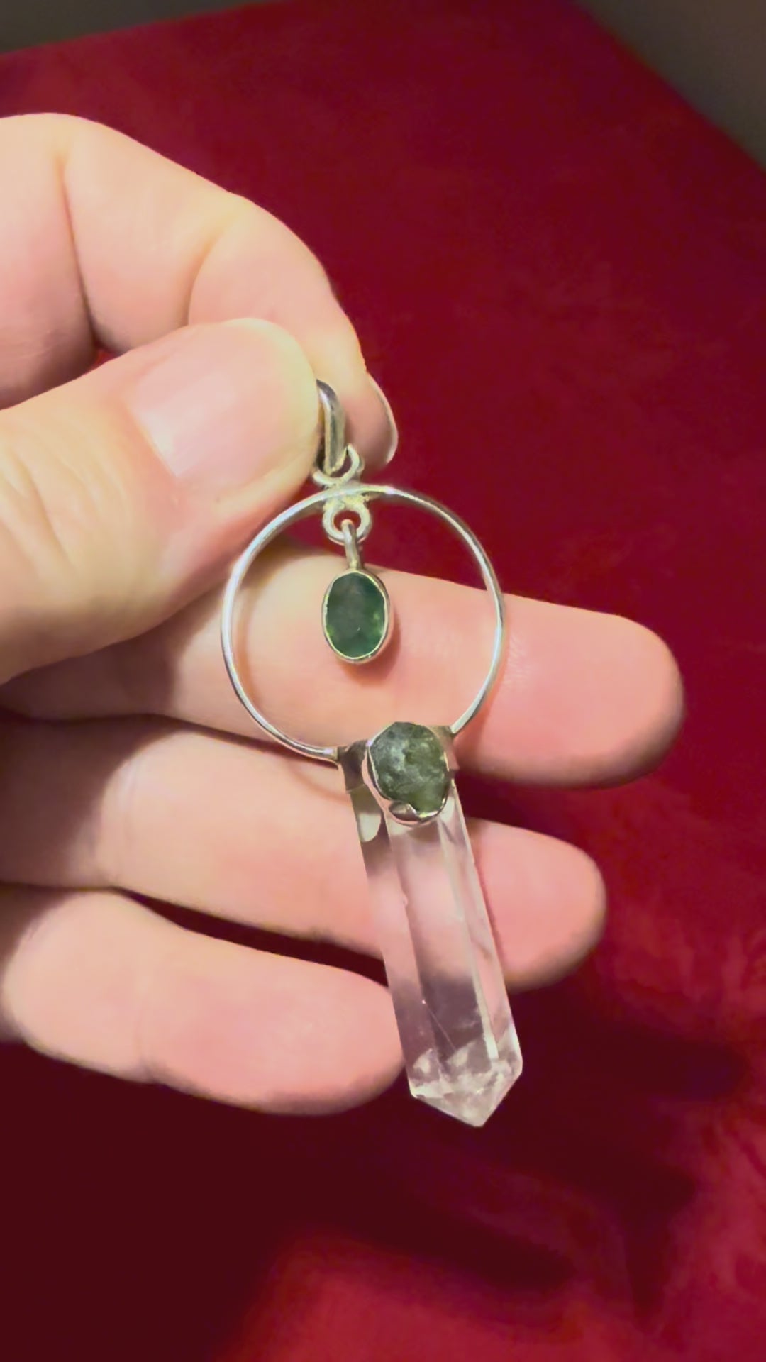 2.5” Moss Agate Rough Moldavite & Clear Quartz Point Sterling Silver Pendant