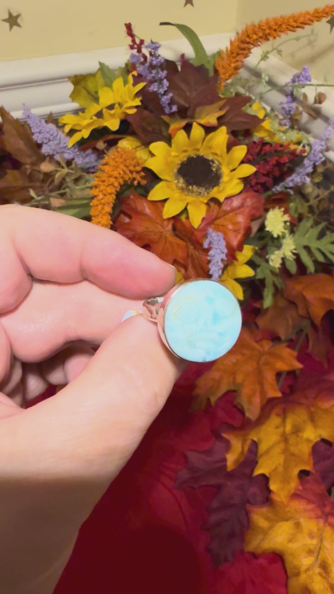 Larimar Carved Moon Face Sterling Silver Ring, size 9