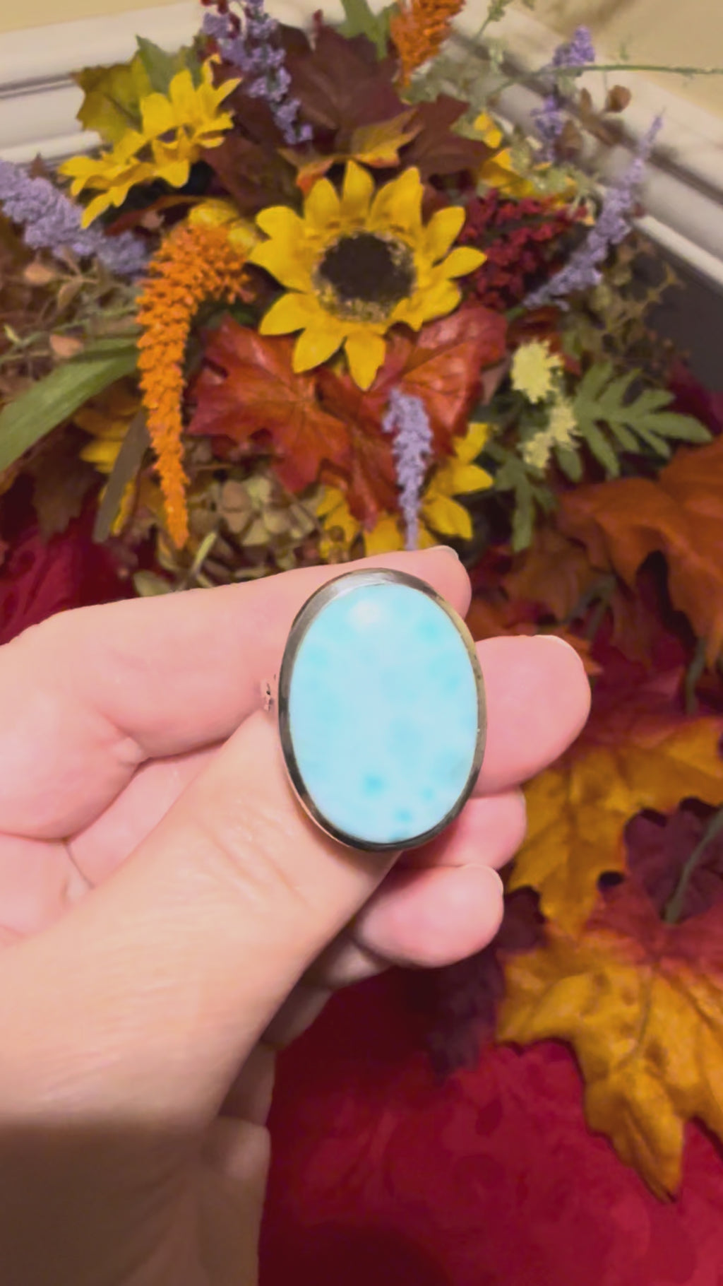 Larimar Sterling Silver Ring with Embossed Band, size 8