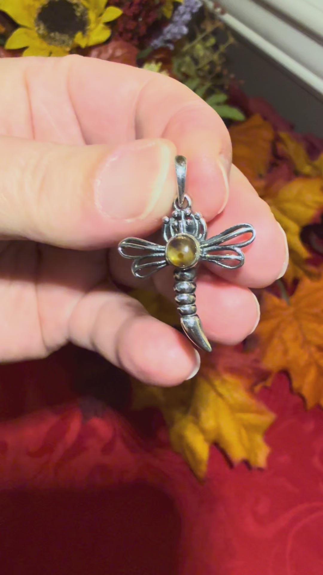 1-3/8” Amber Sterling Silver Dragonfly Pendant