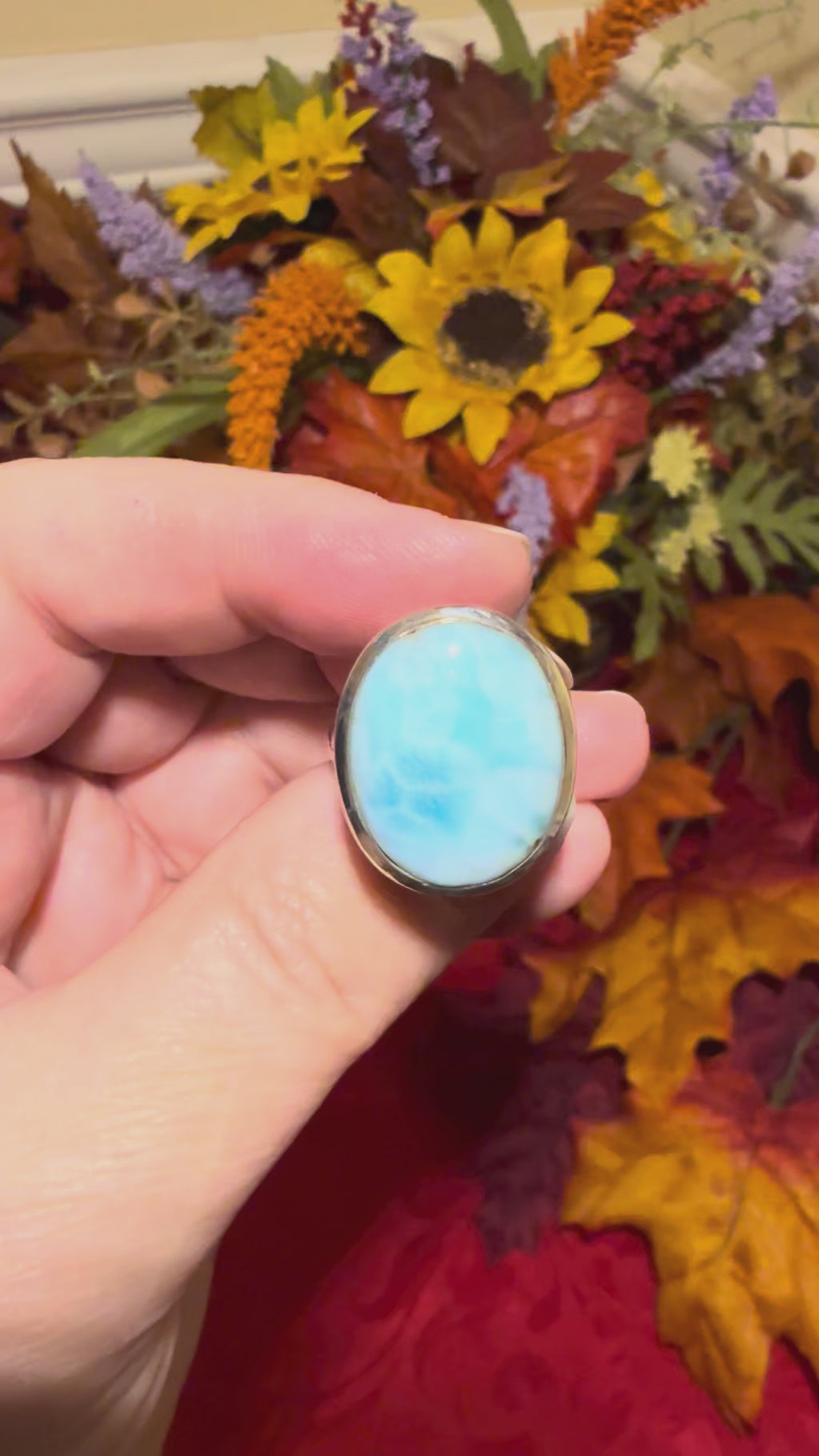 Larimar Sterling Silver Ring with Embossed Band, size 6-1/4