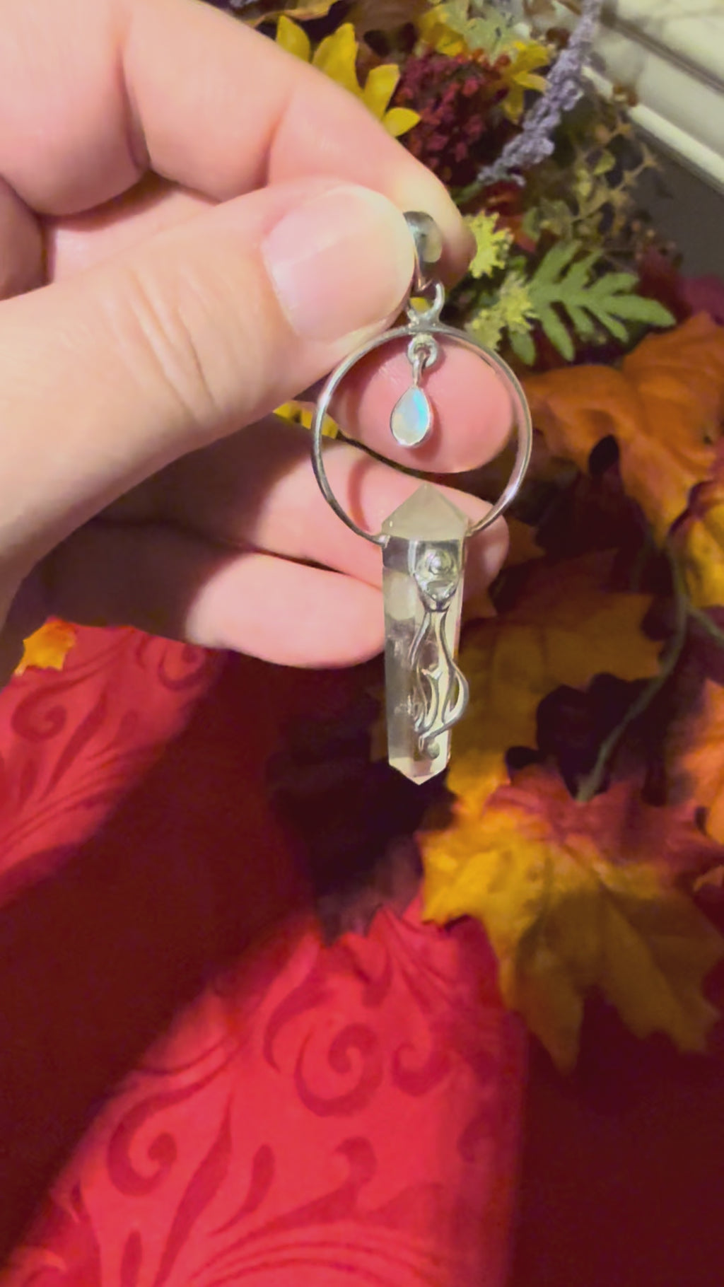 2-5/8” Clear Quartz DT Point & Dangling Rainbow Moonstone Sterling Silver Pendant