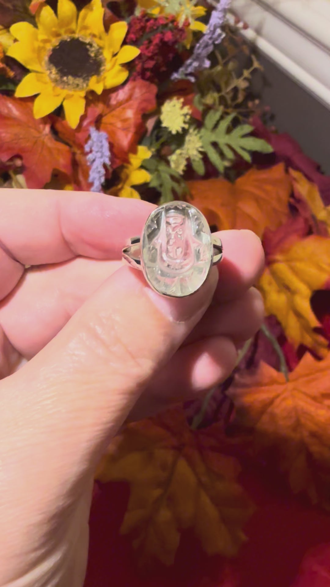 Clear Quartz Carved Ganesha Sterling Silver Ring, size 8-1/2