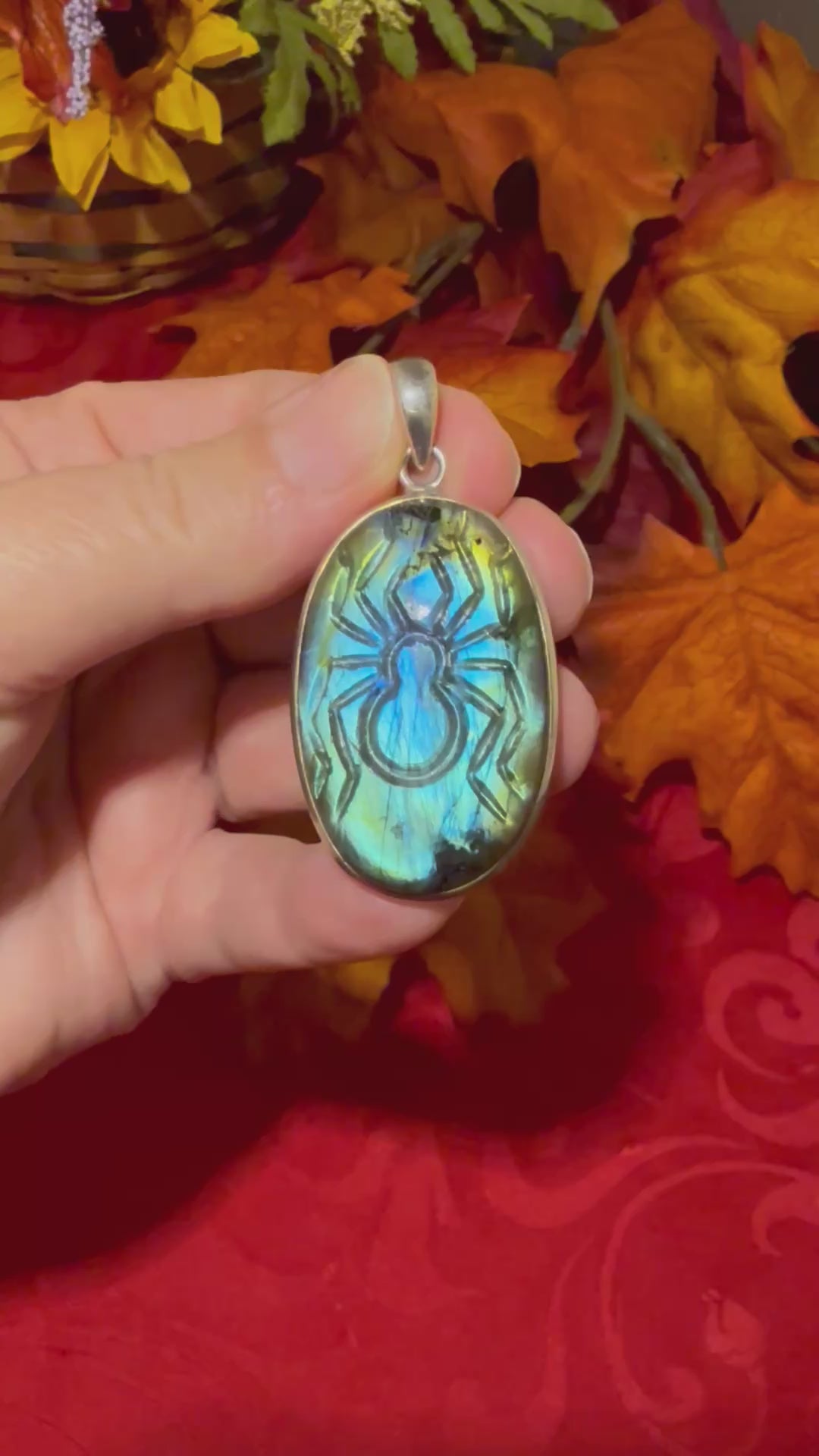 2-1/8” Labradorite Carved Spider Sterling Silver Pendant