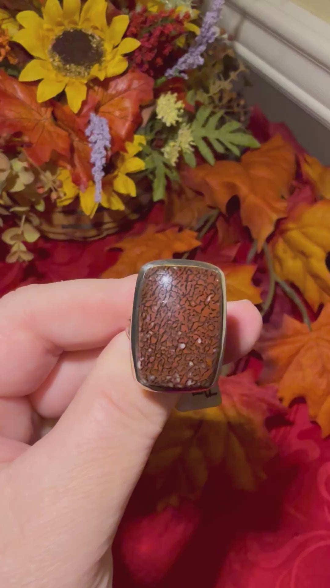 Red Dino Bone Fossil Sterling Silver Ring, size 8-1/4