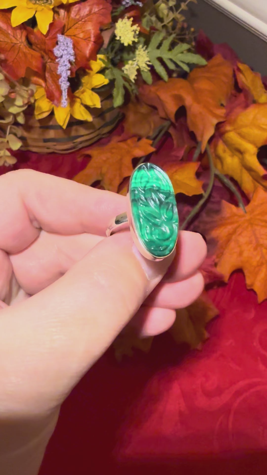 Carved Malachite Sterling Silver Ring, size 8