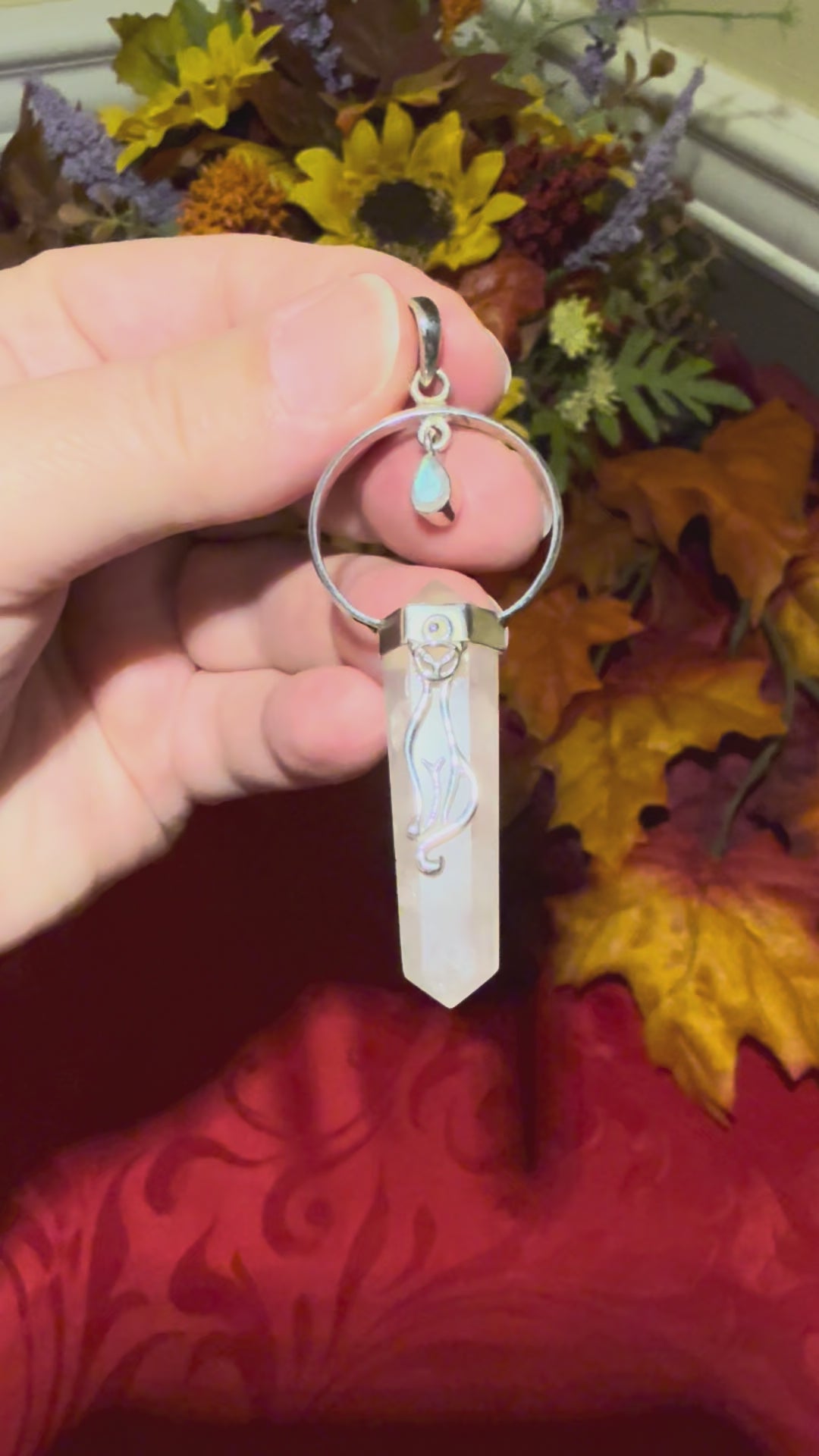 2-7/8” Rose Quartz DT Point & Dangling Rainbow Moonstone Sterling Silver Cat Pendant