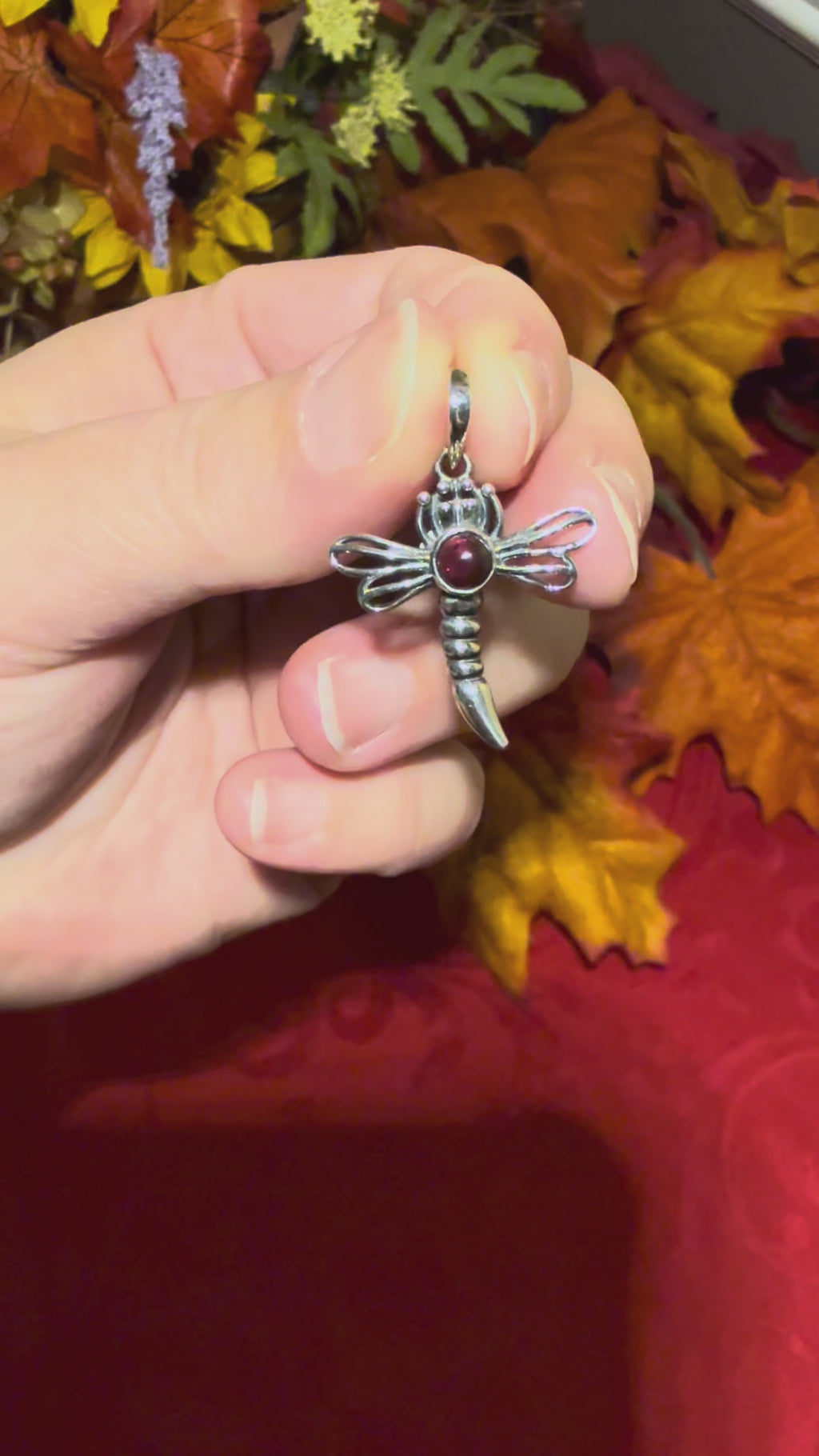 1-3/8” Garnet Dragonfly Sterling Silver Pendant