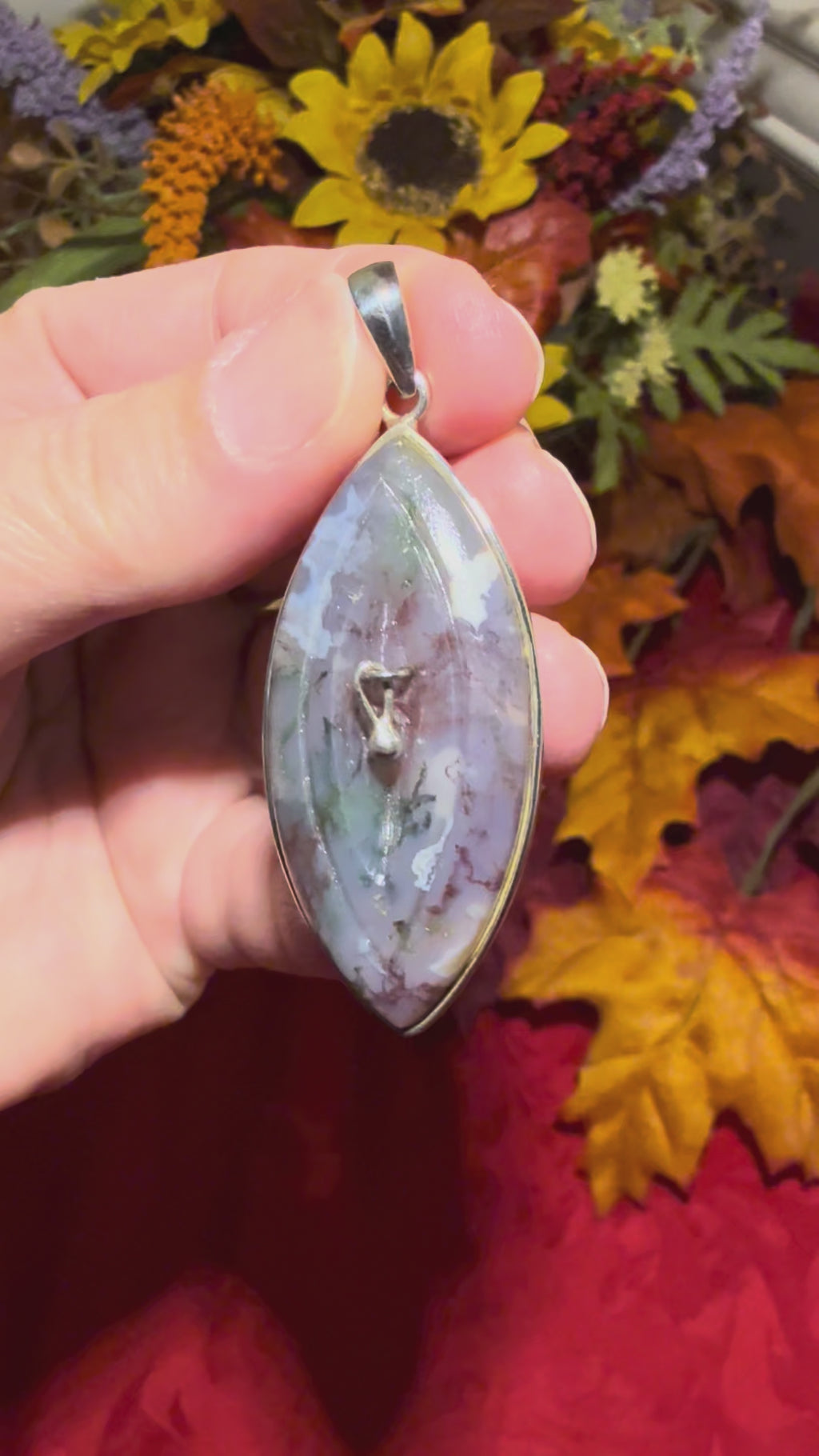 2-3/8” Moss Agate Sterling Silver Pierced Yoni Pendant