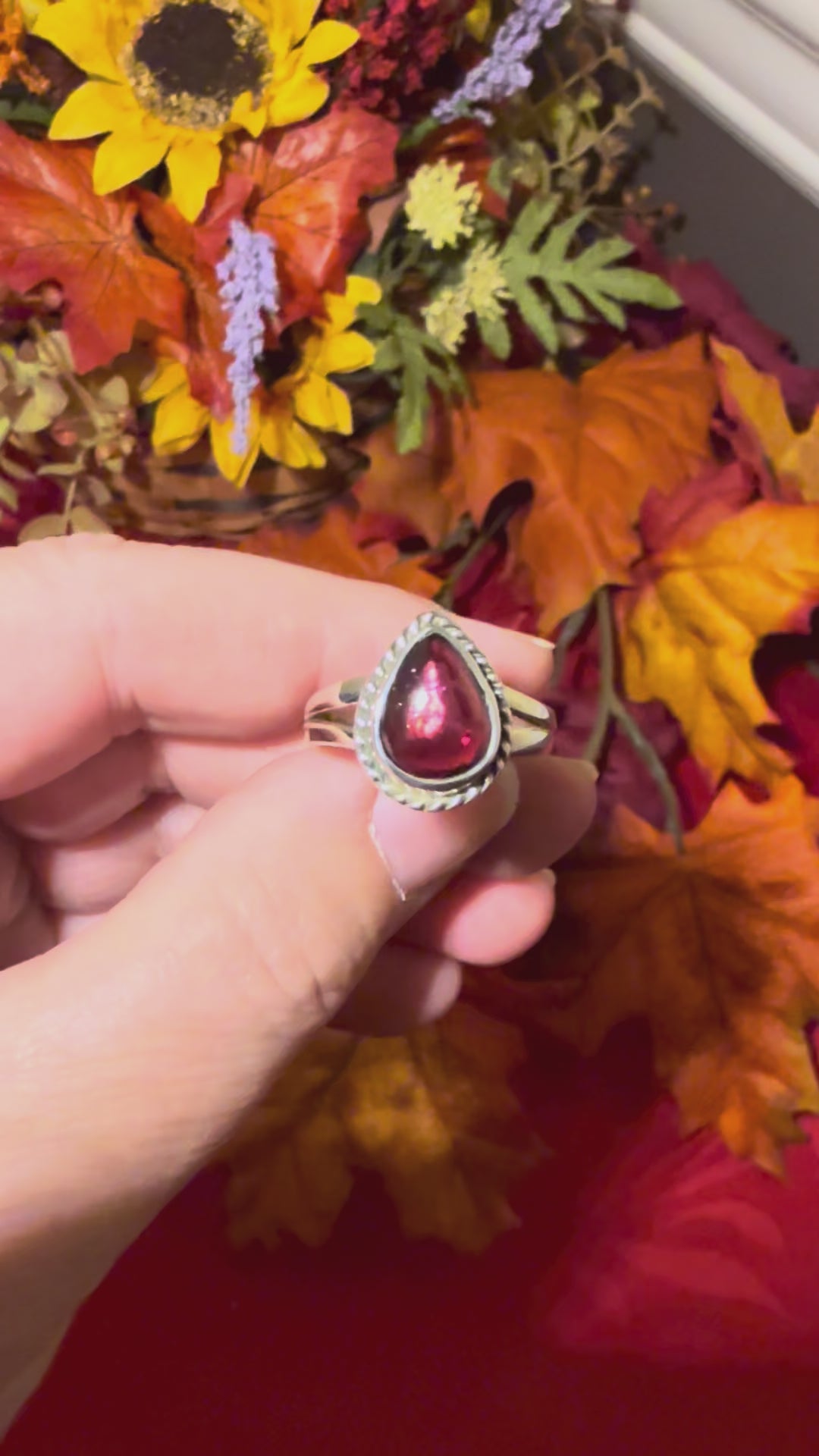 Garnet Cabochon Sterling Silver Ring, size 9-3/4
