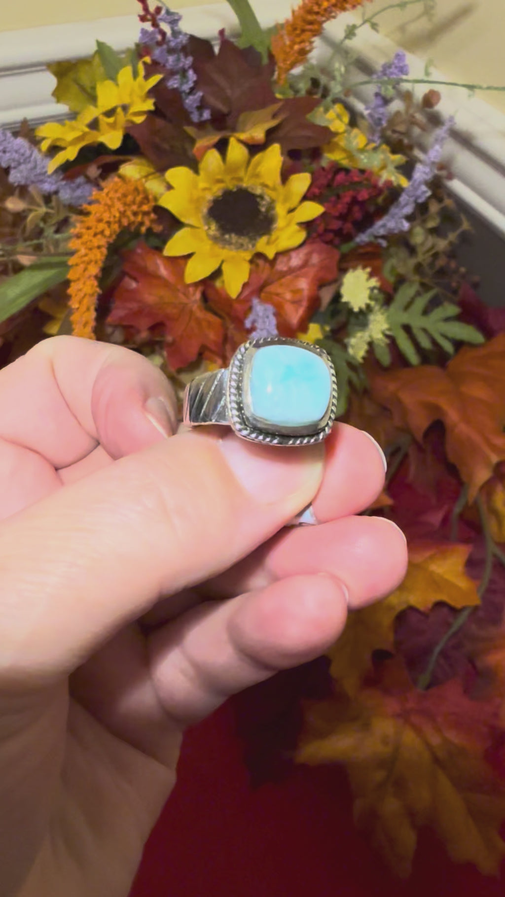 Larimar Sterling Silver Ring, Decorative Mount, size 8-1/2