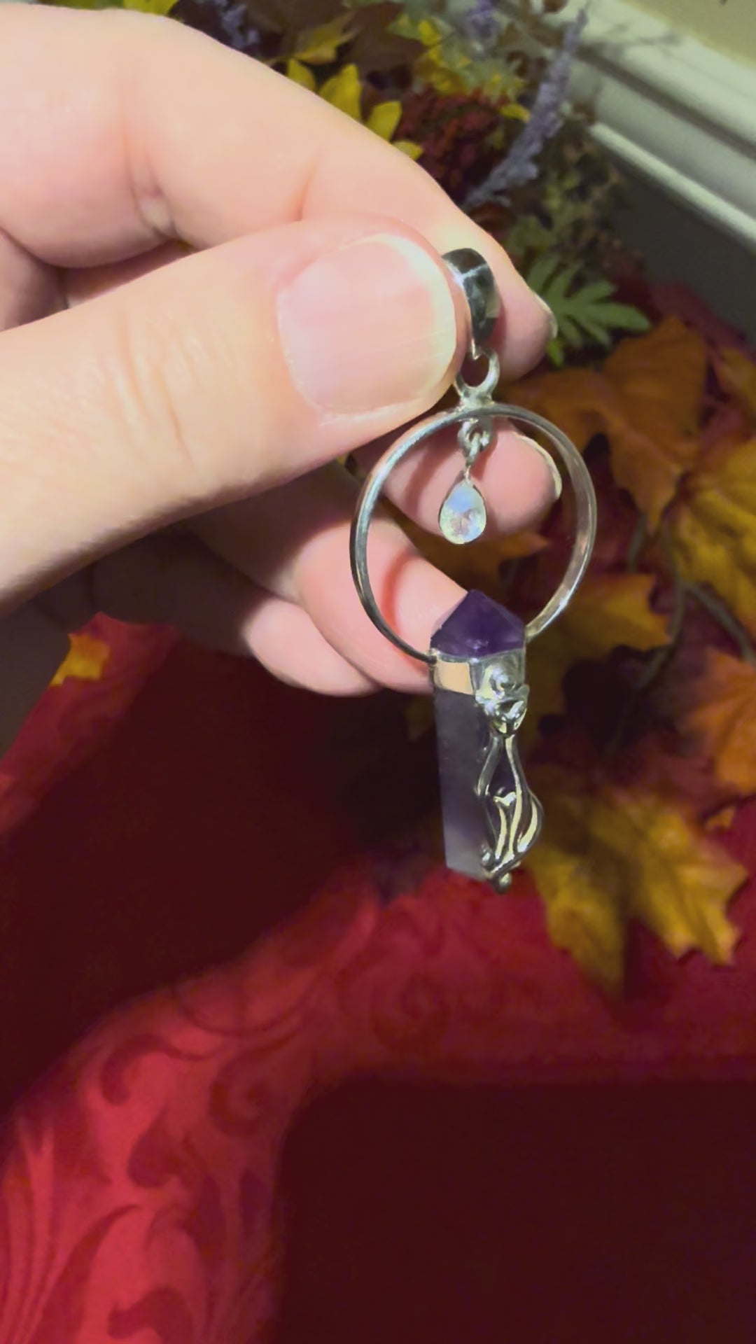 2.5” Amethyst DT Point & Faceted Rainbow Moonstone Sterling Silver Cat Pendant