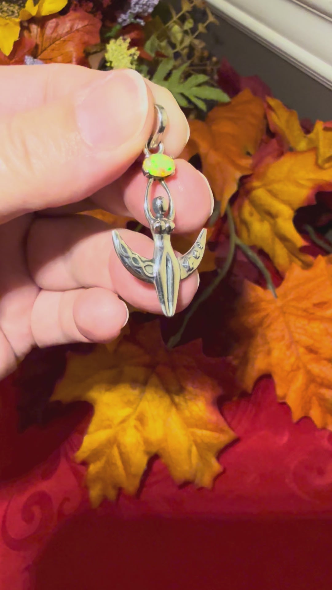 1-5/8” Faceted Ethiopian Opal Sterling Silver Goddess on Crescent Moon Pendantv