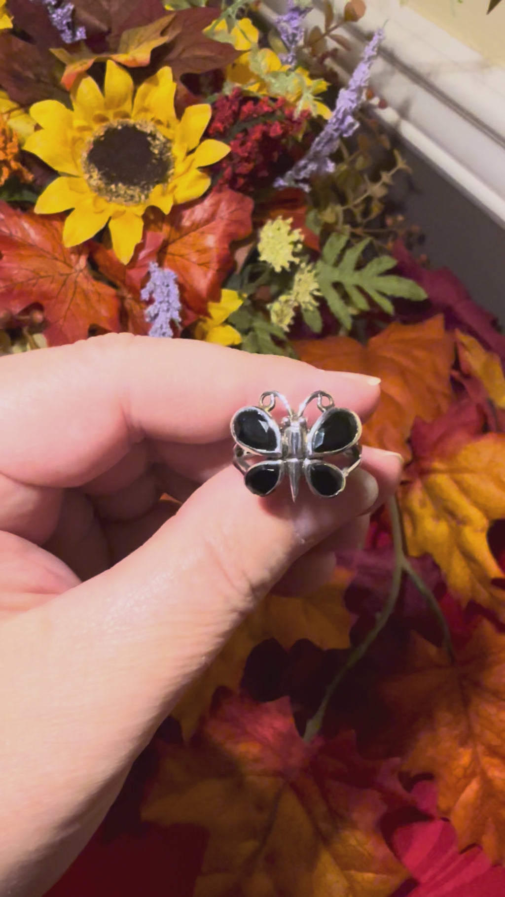 Faceted Black Onyx Sterling Silver Butterfly Ring, size 7-1/2